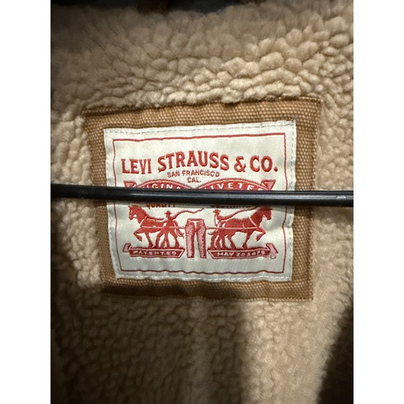 Levis Mens Hooded Canvas Trucker Jacket Brown Sherpa Lined Workwear Coat Medium - Picture 3 of 4